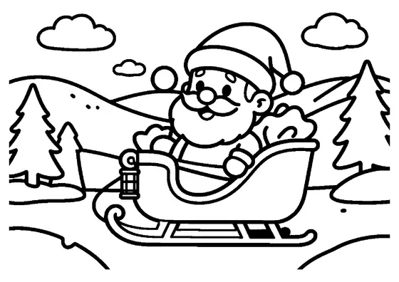 A smiling Santa Claus sitting in a sleigh full of presents among snowy pine trees.