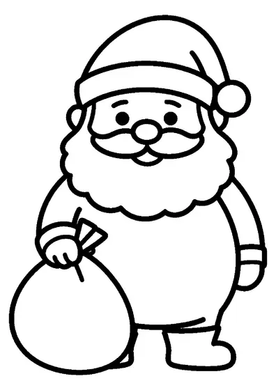 Babbo Natale sorridente in piedi accanto a un grande sacco pieno di regali di Natale.
