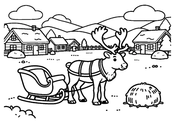 A harnessed reindeer stands next to a wide sleigh in the snowy workshop yard.