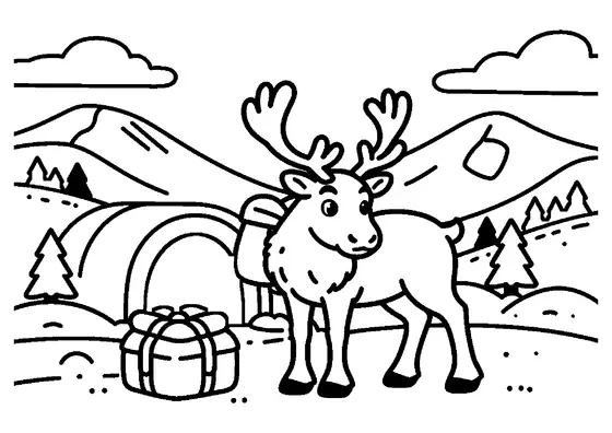 A reindeer standing beside large gift sacks in front of an arched tunnel in a snowy forest.