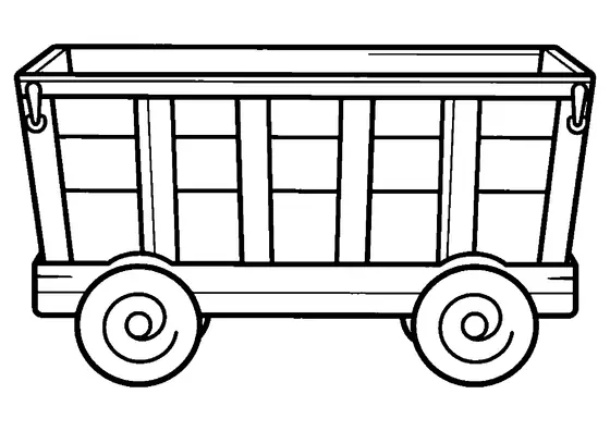 A wooden toy train cargo wagon with high sides and sturdy wheels.