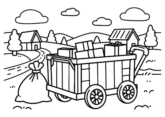 Um grande carrinho de madeira com pacotes está numa trilha entre a oficina e a floresta coberta de neve.