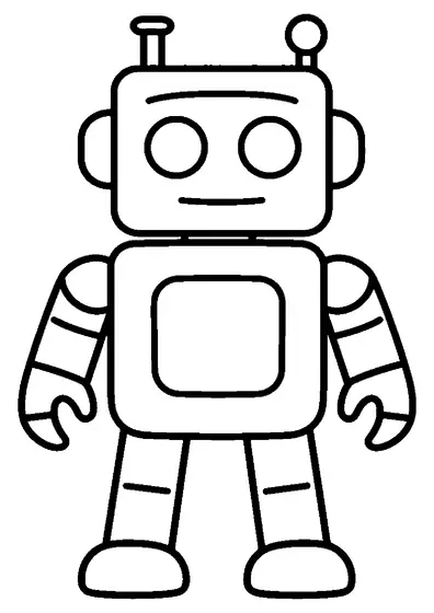 Un robot de jucărie cu cap pătrat, ochi rotunzi, antene și un panou pe piept, pregătit pentru copii.