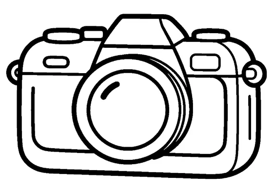 Cámara de fotos infantil con un gran objetivo redondo, botones en la parte superior y enganches para la correa, con espacios claros para colorear.