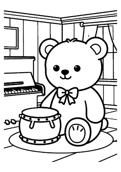 Un ourson en peluche est assis près d’un grand tambour et d’un xylophone, dans une salle de musique.