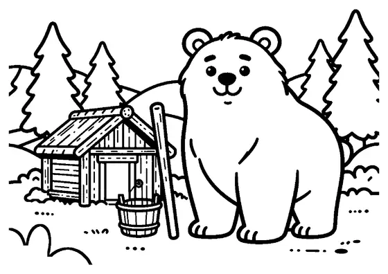 Un oso pardo está junto a un cubo de madera cerca de una cabaña de pastores en una pradera de montaña.