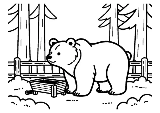 Un orso bruno accanto a una mangiatoia di legno piena di paglia, con alberi e un sentiero forestale sullo sfondo.