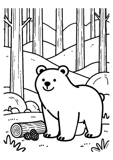 Un oso pardo de pie junto a un tocón en un bosque de pinos.