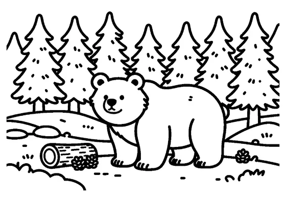 Un orso bruno è accanto a un tronco caduto in un bosco di abeti, con una mangiatoia di legno e pigne in primo piano.