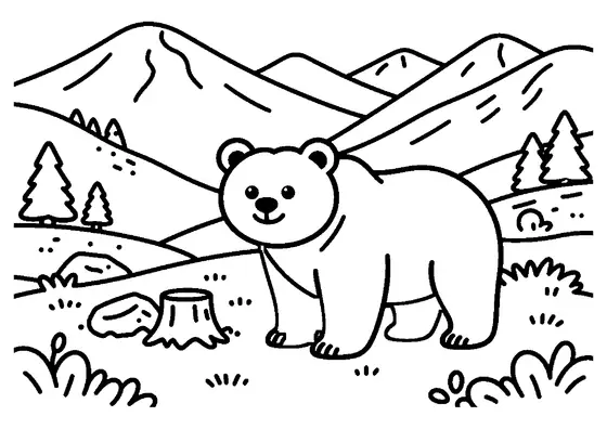 Un ours se tient près d’un tronc et d’une dalle rocheuse, dans une prairie de haute montagne.