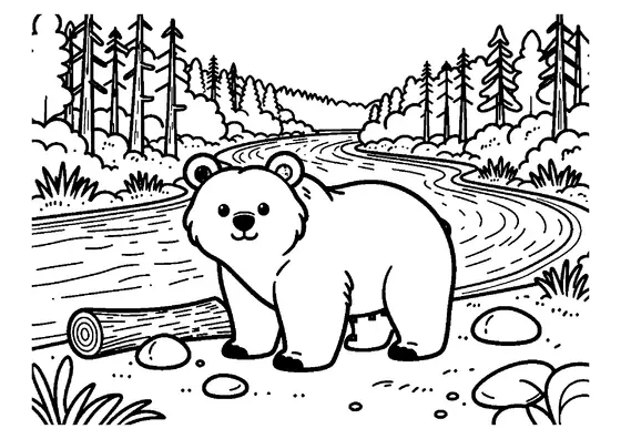 Un ours souriant se tient près d’un tronc et d’un rocher, au bord d’un méandre de rivière en forêt.