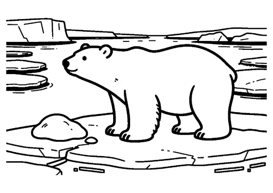 Un ours polaire se tient sur un bloc de glace, parmi des blocs glacés et les vagues de la mer.