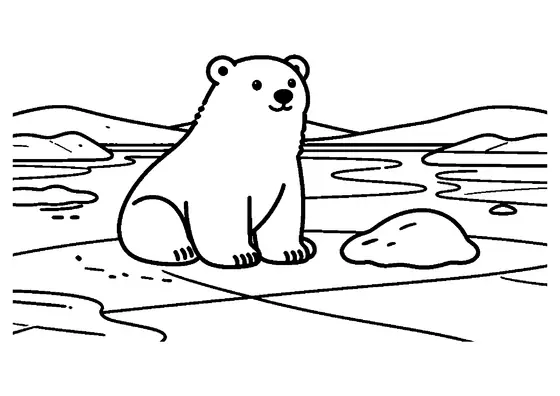 Un ours polaire est assis près d’une plaque de glace, au bord d’un lagon gelé.
