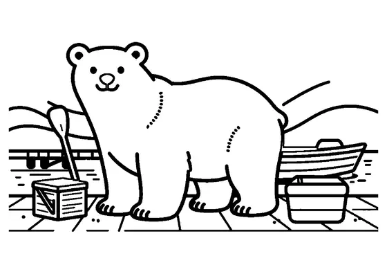 Un oso polar de pie en un embarcadero de madera en un paisaje invernal.