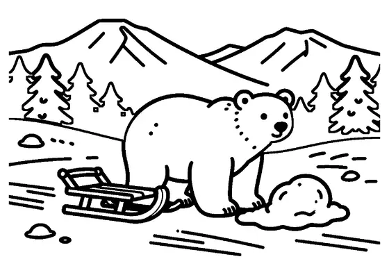 Un orso polare accanto a uno scivolo scavato nella neve e a una slitta di legno in un paesaggio invernale.