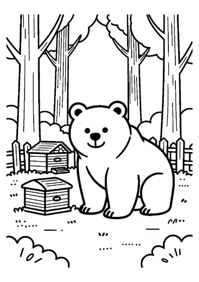 Un grand ours observe un rayon de miel et une ruche renversée dans une clairière.