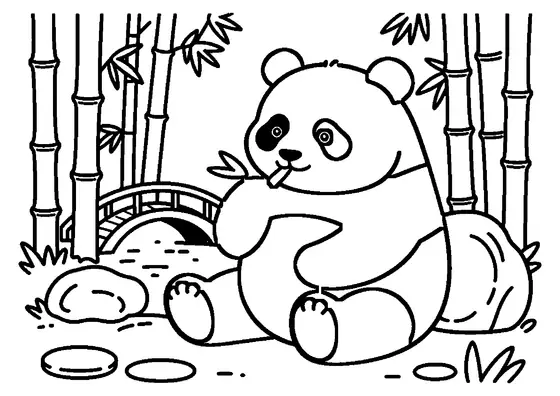 En leende panda med bambu i en trädgård med en bro och en damm.