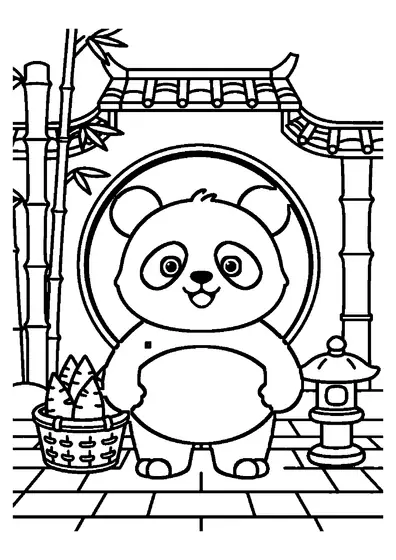 Un panda gigante está junto a una cesta de bambú y un farol de piedra cerca de la entrada de un jardín asiático.