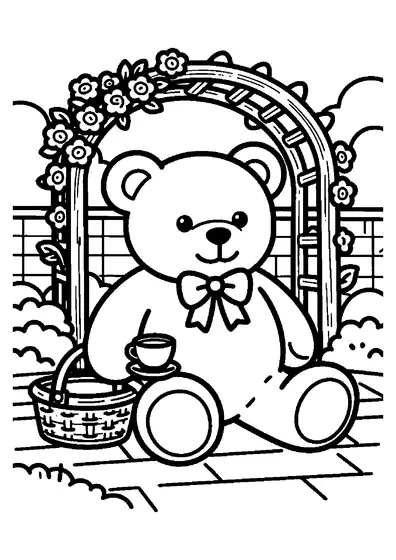 Ein niedlicher Teddybär sitzt an einem Rosenpavillon im Garten, daneben stehen ein Picknickkorb und eine Tasse.