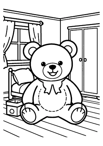 Un ourson en peluche avec un nœud est assis près d’un coussin et d’une boîte dans une chambre d’enfant.