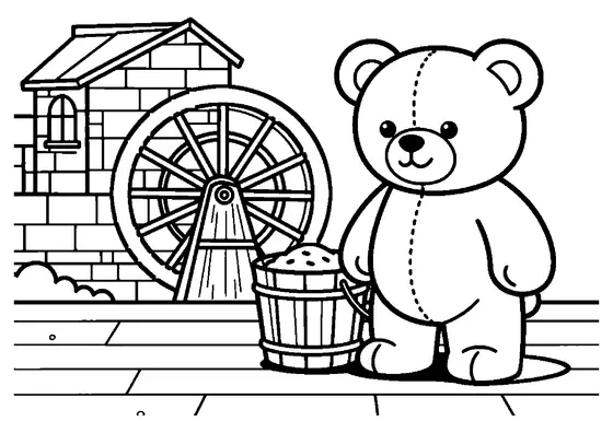 Un oso de peluche de pie junto a un molino de agua en el bosque con una gran rueda hidráulica.