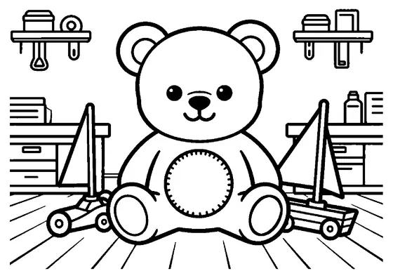 Un oso de peluche sentado en un taller de carpintería junto a juguetes de madera.