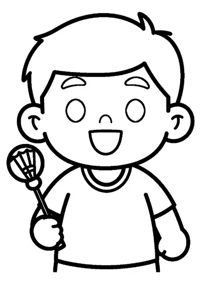 Un giovane giocatore di badminton sorridente in piedi con una racchetta e un grande volano.