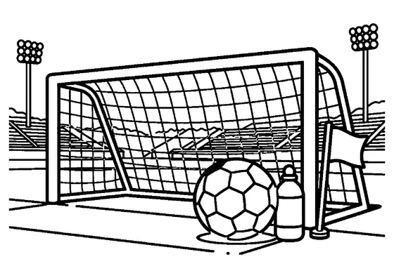 Una portería de fútbol, un balón y un banderín de córner en un campo de césped con un estadio al fondo.