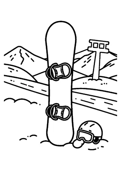 Un snowboard planté dans la neige, avec un casque et des gants devant un paysage de montagne.