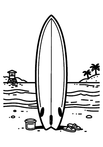 Una tabla de surf deportiva clavada de pie en la arena de una playa junto al océano.