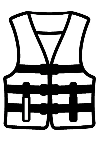 Große Schwimmweste mit Kragen, Gurten und breiten Schnallen.