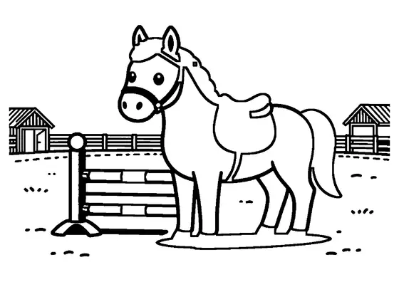 Un cheval sellé se tient calmement près d’un obstacle de saut d’obstacles peint.