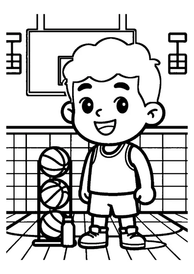 Un niño con camiseta deportiva permanece de pie en un gimnasio junto a un carro lleno de balones de baloncesto.