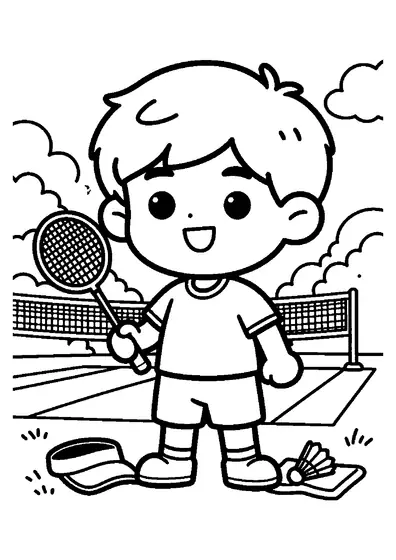A young badminton player holds a racket beside an outdoor net on a grass court.