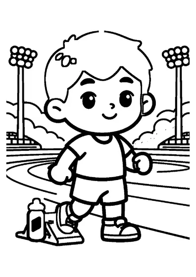 Un joven velocista de pie junto a los tacos de salida en una pista de atletismo dentro de un estadio.