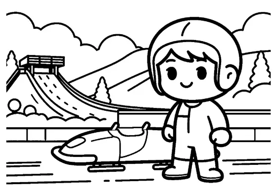 A young bobsledder wearing a helmet stands beside an aerodynamic bobsled on an icy track.