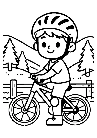 Un niño sonriente con casco de protección junto a su bicicleta de montaña en un sendero boscoso.