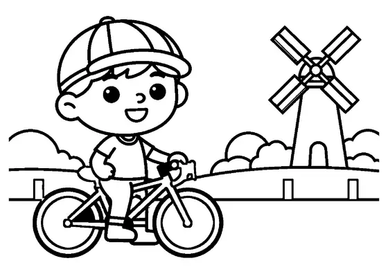Dibujo para colorear de un niño con gorra de ciclismo junto a su bicicleta de carretera en un camino rural
