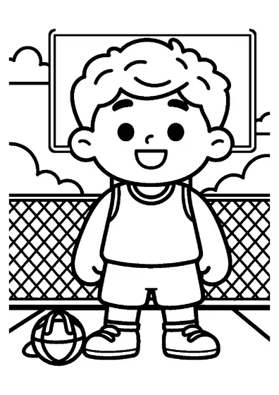 Un niño sosteniendo un balón de baloncesto junto a la canasta en una cancha exterior.