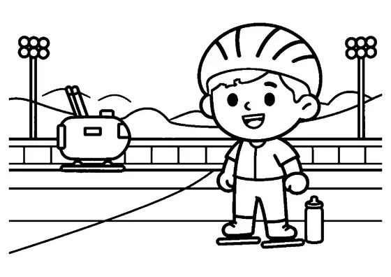 Un niño con casco y patines de velocidad de cuchilla larga de pie junto a una pista de hielo.