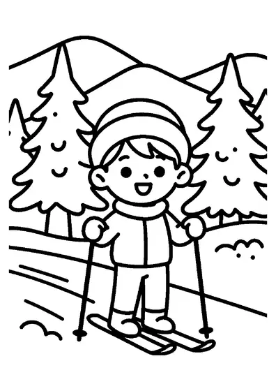 Un niño practicando esquí de fondo con bastones a lo largo de una pista por un bosque nevado.