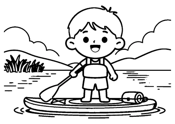 A boy wearing a life jacket stands on a paddleboard with a SUP paddle on a calm lake.