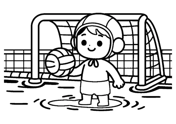 Un joven jugador de polo acuático con gorro de natación junto a la portería de la piscina.