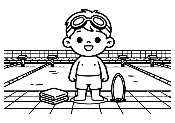Un niño con gafas de natación junto al borde de una piscina cubierta.