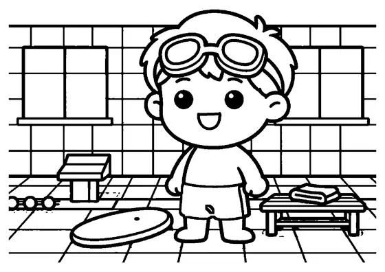 Un niño con gafas de natación levantadas y una tabla flotante junto a una piscina cubierta.