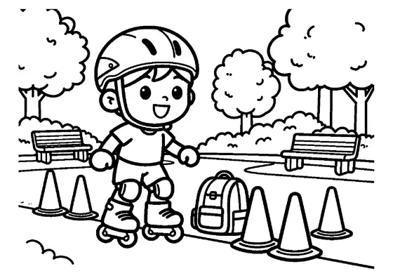 Un niño con casco y rodilleras de pie sobre patines en línea junto a conos de eslalon de colores.