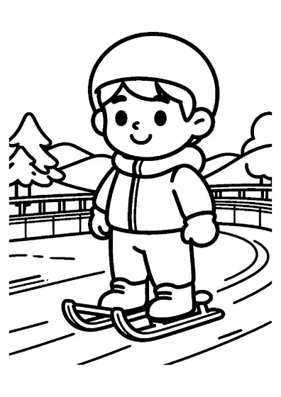 A boy in a winter racing suit stands beside a luge sled on an icy track.