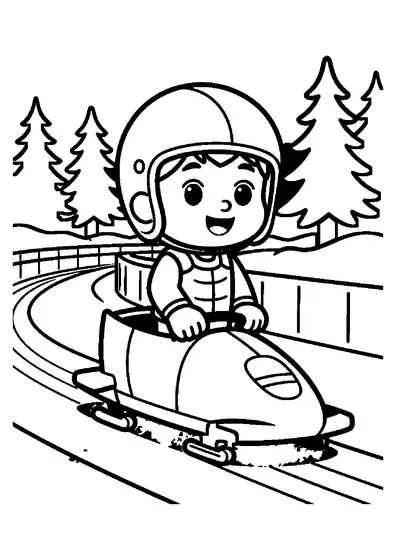 Un joven atleta de luge con casco junto a un trineo de competición en una pista helada.