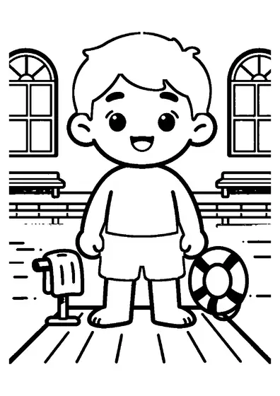 Dibujo para colorear de un niño de pie en el trampolín de una piscina preparándose para saltar