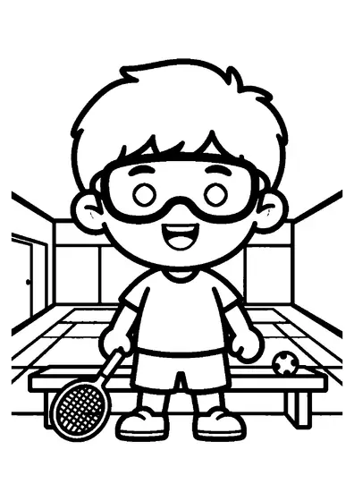 A boy wearing protective glasses stands with a squash racket on a court with a glass wall.